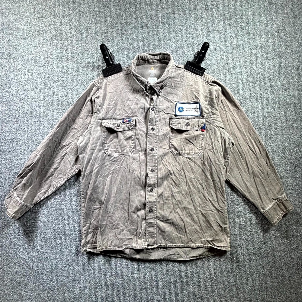 Lapco FR Flame Resistant Work Shirt Men's Large Gray Cotton QPS Patch Button Up
